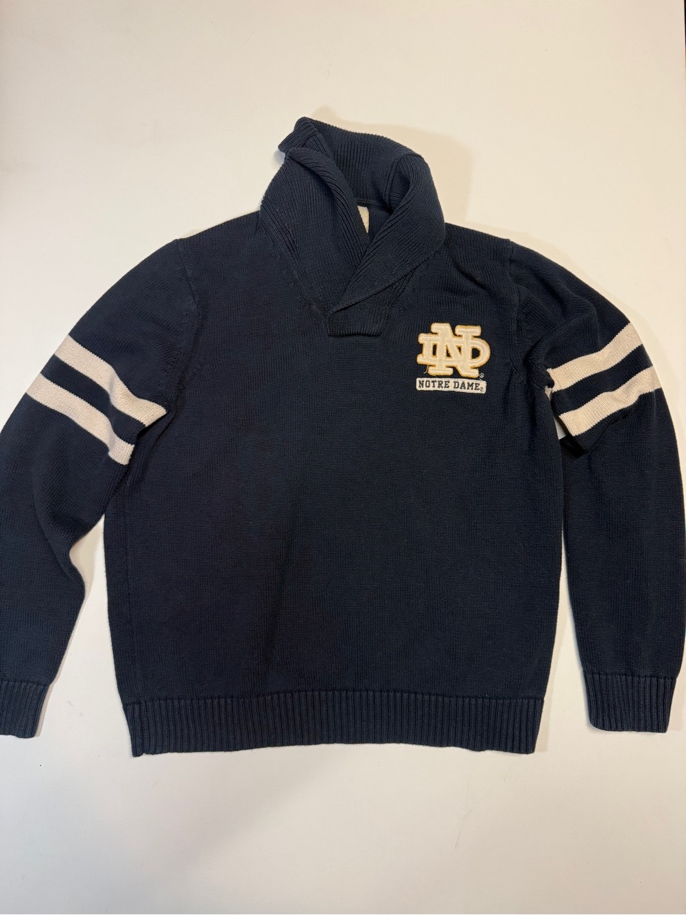 47 Navy Shawl Collar Notre Dame Sweater with Cream Stripes‎